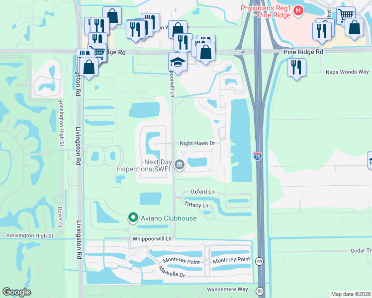 map of restaurants, bars, coffee shops, grocery stores, and more near 1385 Mariposa Circle in Naples