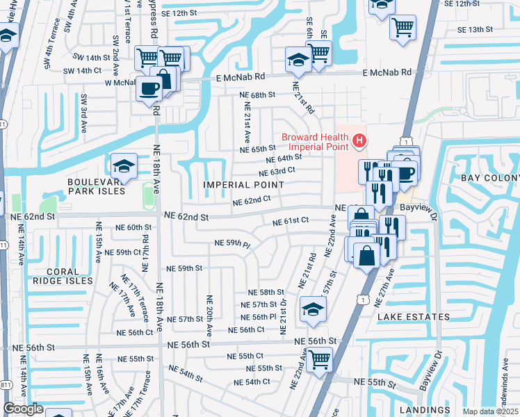 map of restaurants, bars, coffee shops, grocery stores, and more near 2124 Northeast 62nd Street in Fort Lauderdale