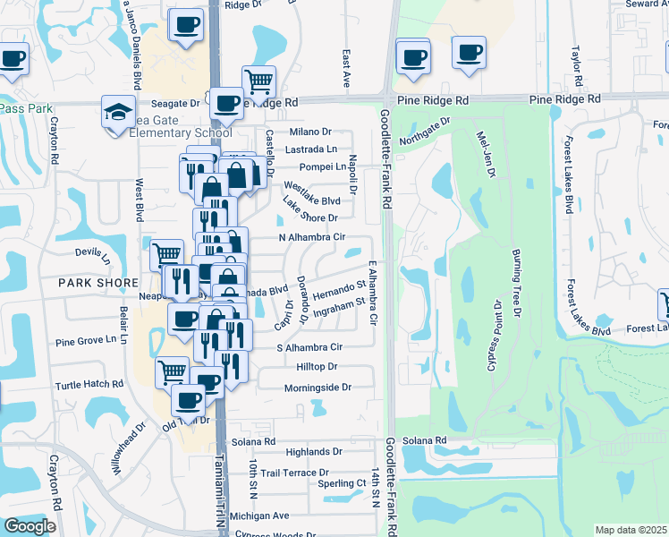 map of restaurants, bars, coffee shops, grocery stores, and more near 1253 Granada Boulevard in Naples