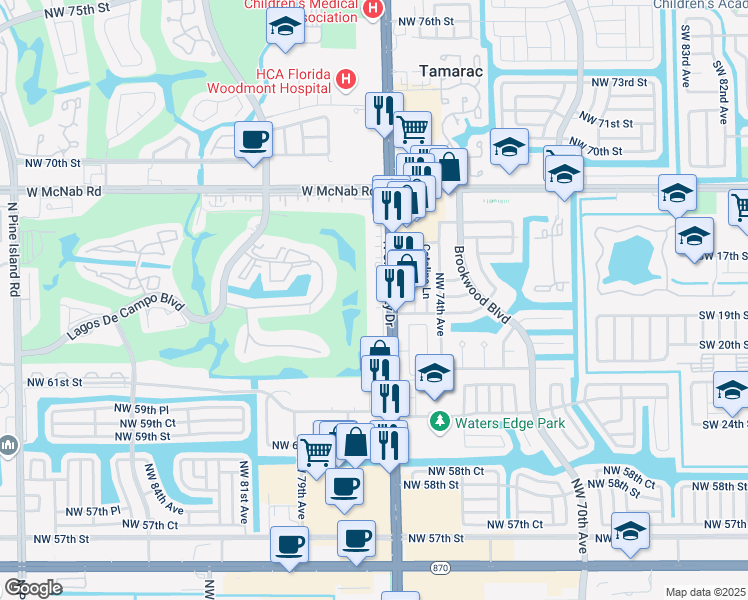 map of restaurants, bars, coffee shops, grocery stores, and more near 6401 North University Drive in Tamarac
