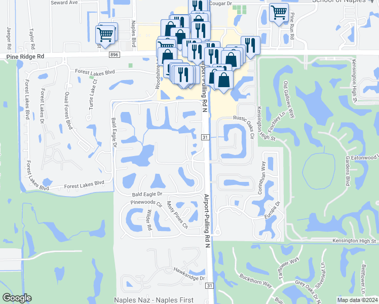 map of restaurants, bars, coffee shops, grocery stores, and more near 1 Bobolink Court in Naples