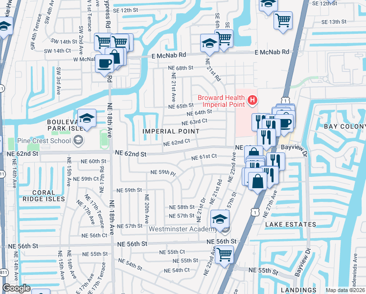 map of restaurants, bars, coffee shops, grocery stores, and more near 2124 Northeast 62nd Street in Fort Lauderdale
