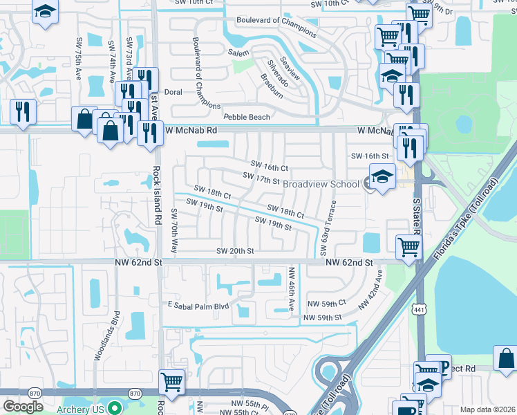 map of restaurants, bars, coffee shops, grocery stores, and more near 6713 Southwest 19th Street in Pompano Beach