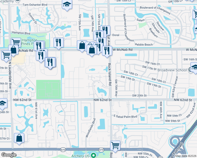 map of restaurants, bars, coffee shops, grocery stores, and more near 2174 Champions Way in North Lauderdale