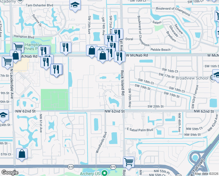 map of restaurants, bars, coffee shops, grocery stores, and more near 2174 Champions Way in North Lauderdale