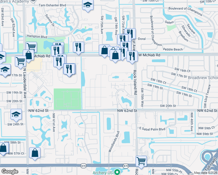 map of restaurants, bars, coffee shops, grocery stores, and more near 1961 Players Place in North Lauderdale