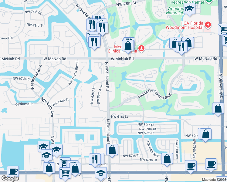 map of restaurants, bars, coffee shops, grocery stores, and more near 6712 North Pine Island Road in Tamarac