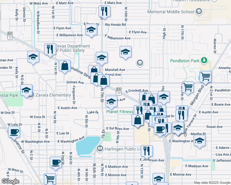 map of restaurants, bars, coffee shops, grocery stores, and more near 801-809 East Bowie Avenue in Harlingen