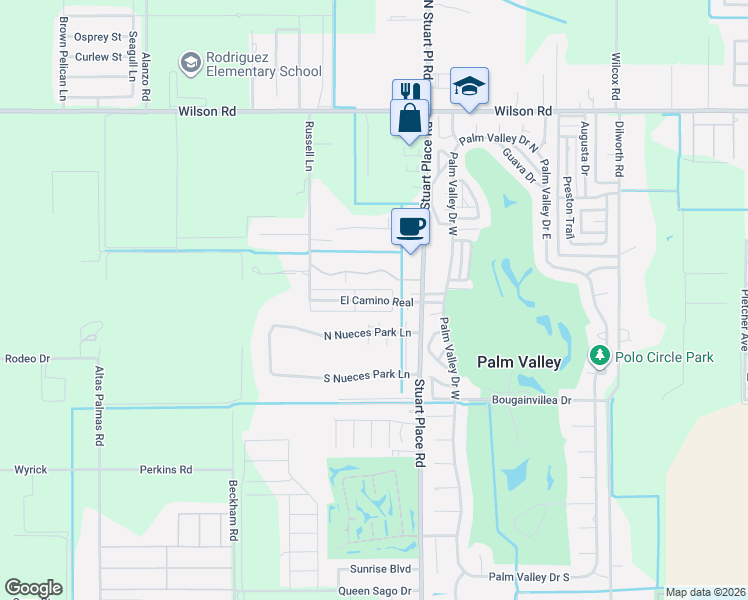 map of restaurants, bars, coffee shops, grocery stores, and more near 107 North Nueces Park Lane in Harlingen