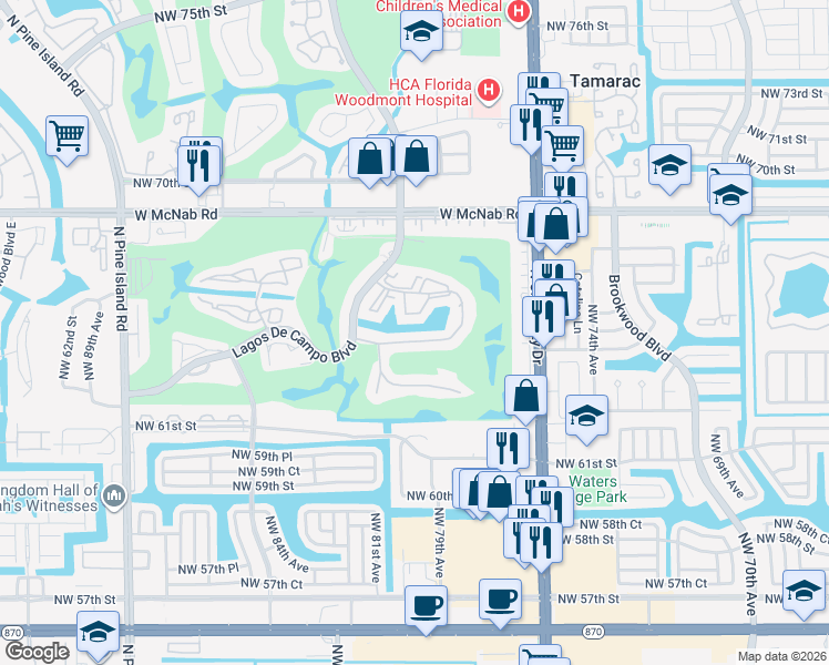 map of restaurants, bars, coffee shops, grocery stores, and more near 8000 Fairview Drive in Tamarac