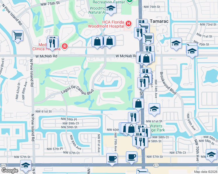 map of restaurants, bars, coffee shops, grocery stores, and more near 8000 Fairview Drive in Tamarac