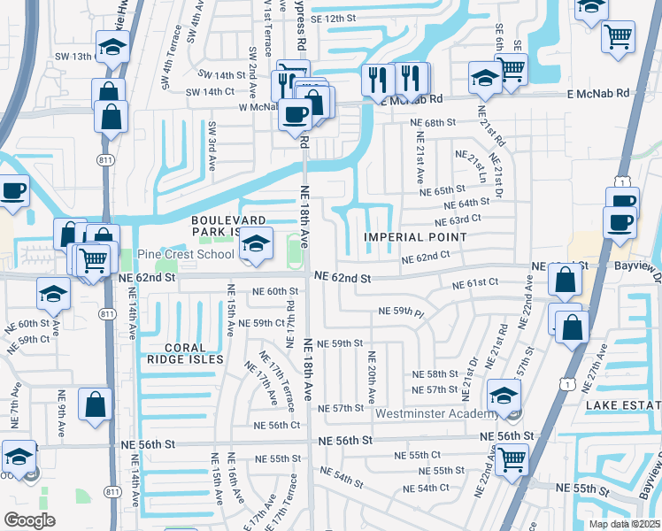 map of restaurants, bars, coffee shops, grocery stores, and more near 6021 Northeast 18th Terrace in Fort Lauderdale
