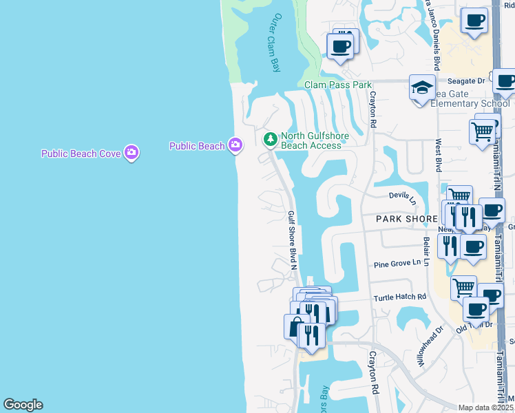 map of restaurants, bars, coffee shops, grocery stores, and more near 4651 Gulf Shore Boulevard North in Naples