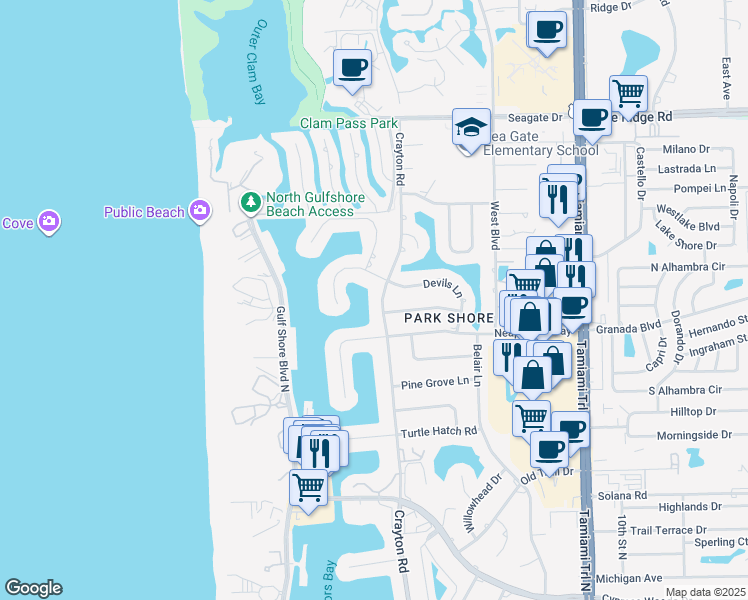 map of restaurants, bars, coffee shops, grocery stores, and more near 504 Parkwood Lane in Naples