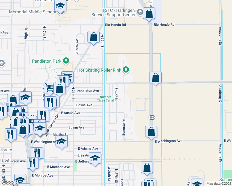 map of restaurants, bars, coffee shops, grocery stores, and more near 1138 North 27th Street in Harlingen