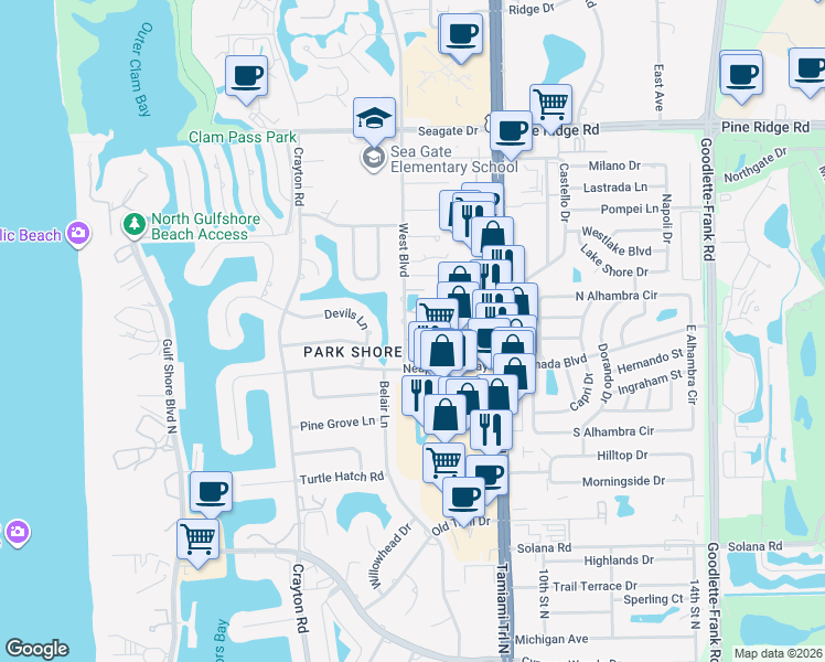 map of restaurants, bars, coffee shops, grocery stores, and more near 4651 West Boulevard in Naples
