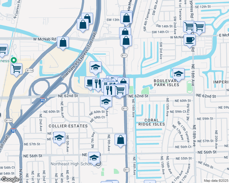 map of restaurants, bars, coffee shops, grocery stores, and more near 6217 Northeast 9th Avenue in Fort Lauderdale