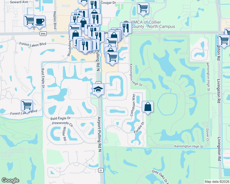 map of restaurants, bars, coffee shops, grocery stores, and more near 4895 Rustic Oaks Circle in Naples