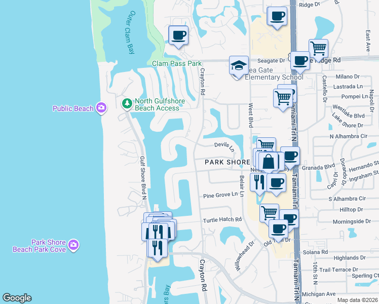 map of restaurants, bars, coffee shops, grocery stores, and more near 306 Devils Bight in Naples