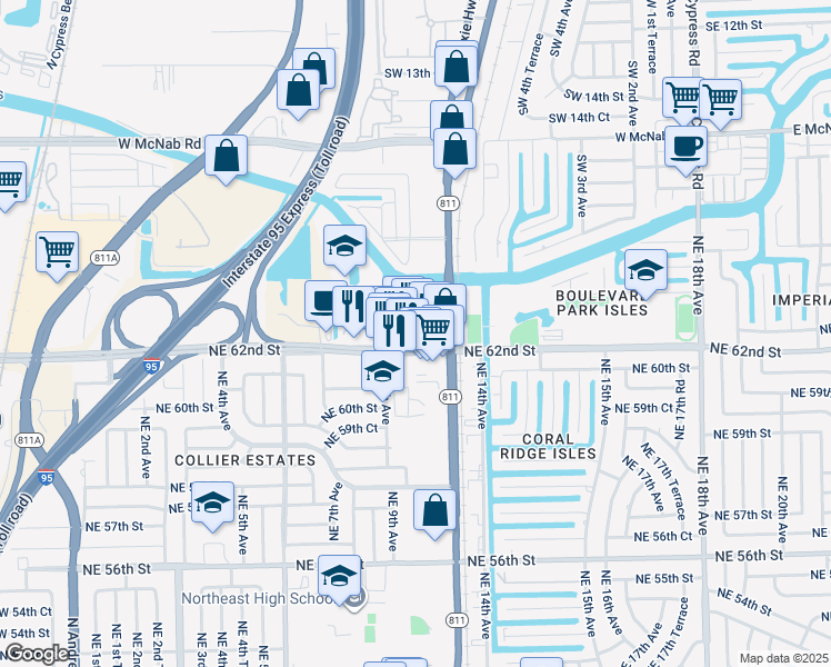 map of restaurants, bars, coffee shops, grocery stores, and more near 6217 Northeast 9th Avenue in Fort Lauderdale