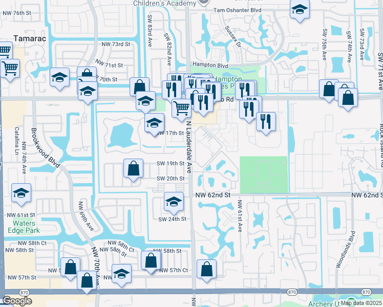 map of restaurants, bars, coffee shops, grocery stores, and more near 8101 Southwest 19th Street in North Lauderdale