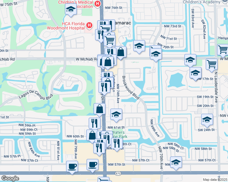 map of restaurants, bars, coffee shops, grocery stores, and more near 7511 Northwest 64th Street in Tamarac