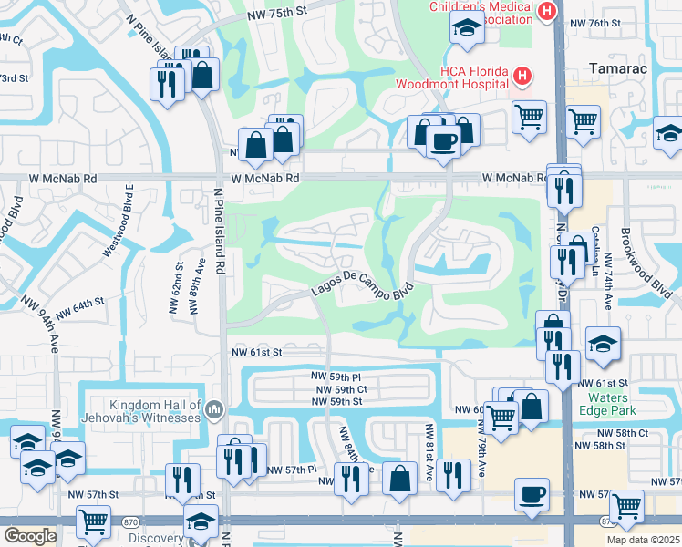 map of restaurants, bars, coffee shops, grocery stores, and more near 8400 Lagos De Campo Boulevard in Tamarac