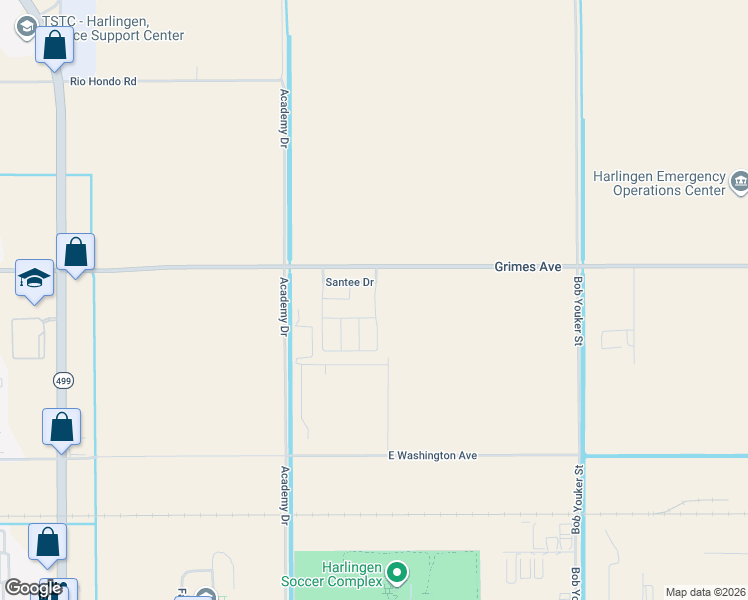 map of restaurants, bars, coffee shops, grocery stores, and more near 3905 East Grimes Street in Harlingen