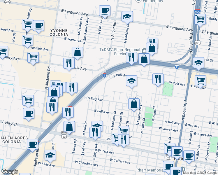 map of restaurants, bars, coffee shops, grocery stores, and more near 700 North Sugar Road in Pharr