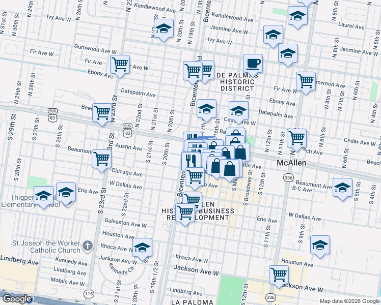 map of restaurants, bars, coffee shops, grocery stores, and more near 106 South 17th Street in McAllen