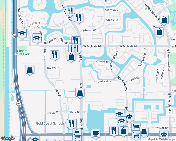 map of restaurants, bars, coffee shops, grocery stores, and more near 9826 Northwest 65th Place in Tamarac
