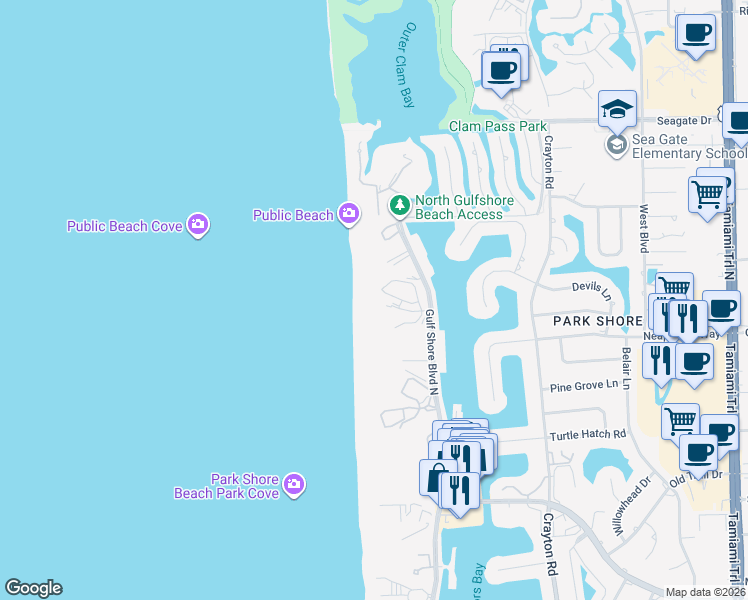 map of restaurants, bars, coffee shops, grocery stores, and more near 4601 Gulf Shore Boulevard North in Naples