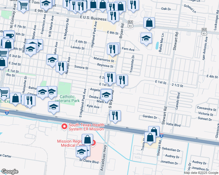 map of restaurants, bars, coffee shops, grocery stores, and more near 1340 East 2nd Street in Mission