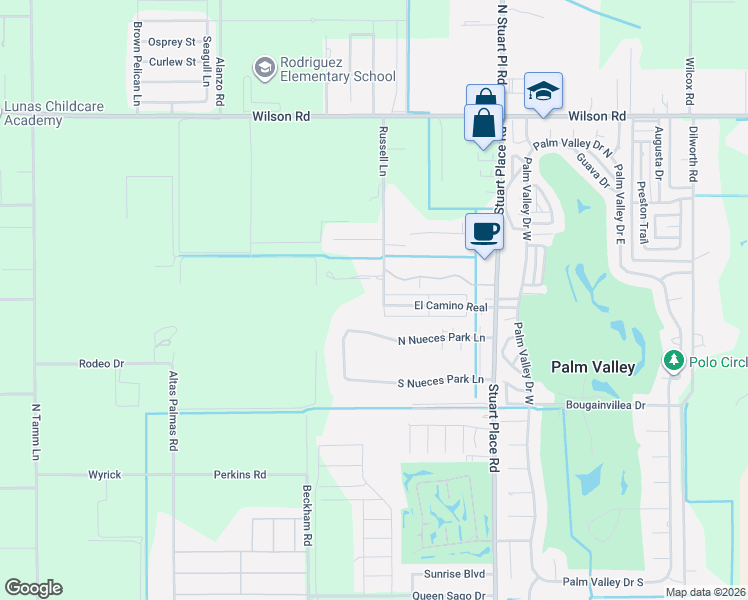 map of restaurants, bars, coffee shops, grocery stores, and more near 24338-24378 Russell Lane in Harlingen