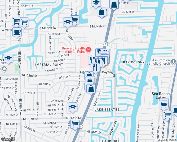 map of restaurants, bars, coffee shops, grocery stores, and more near 2260 Northeast 62nd Court in Fort Lauderdale