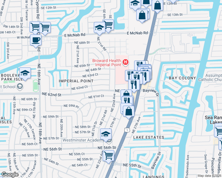 map of restaurants, bars, coffee shops, grocery stores, and more near 2200 Northeast 62nd Court in Fort Lauderdale