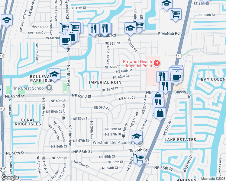 map of restaurants, bars, coffee shops, grocery stores, and more near 2120 Northeast 63rd Street in Fort Lauderdale