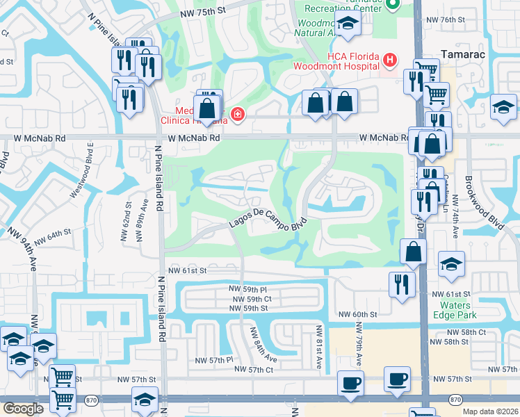 map of restaurants, bars, coffee shops, grocery stores, and more near 8301 Sands Point Boulevard in Tamarac