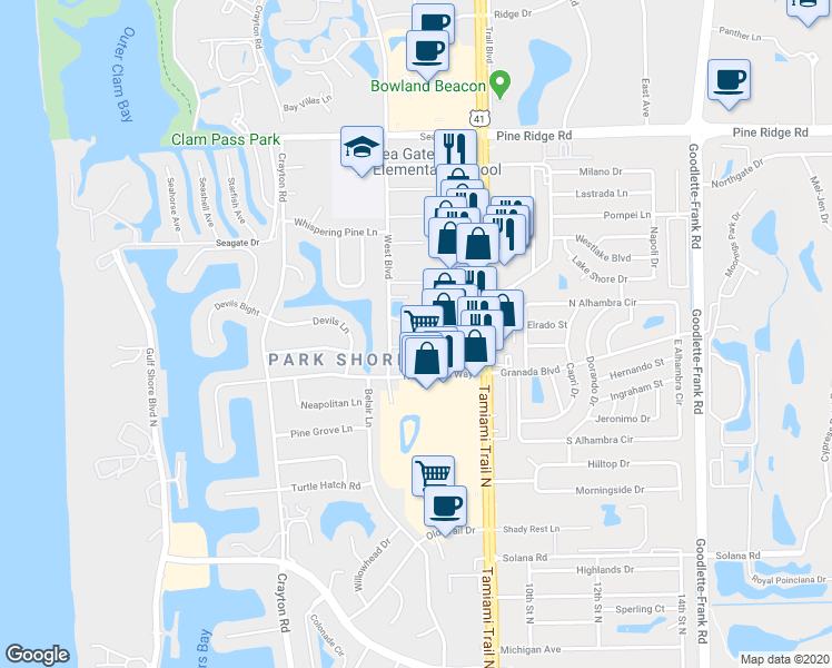 map of restaurants, bars, coffee shops, grocery stores, and more near 4780 West Boulevard in Naples