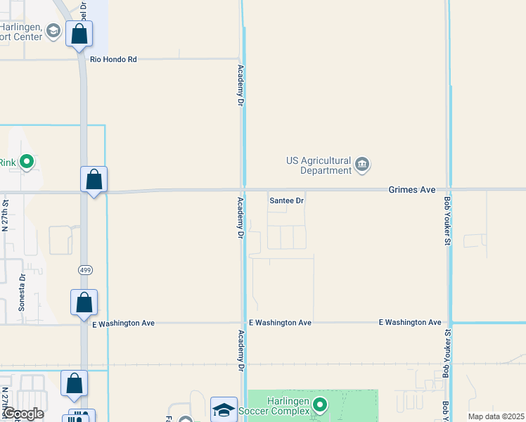 map of restaurants, bars, coffee shops, grocery stores, and more near Grimes Avenue in Harlingen