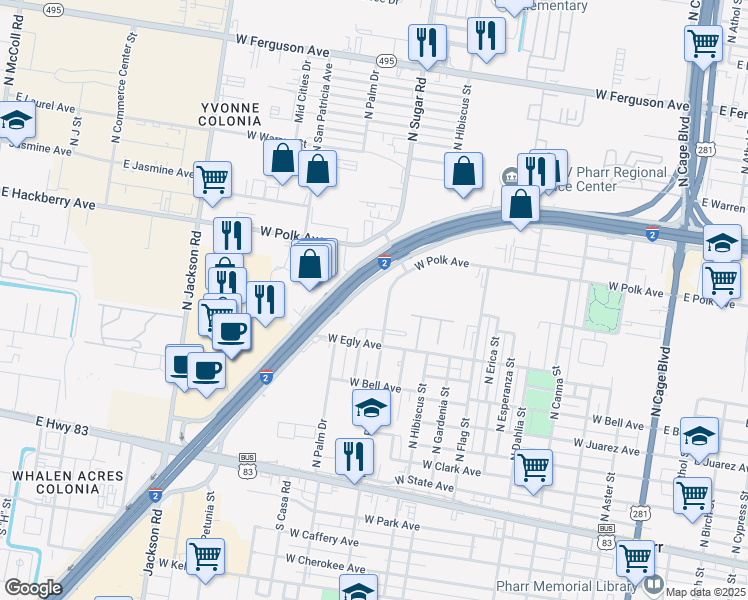 map of restaurants, bars, coffee shops, grocery stores, and more near 1161 Interstate 2 in Pharr