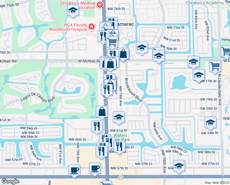 map of restaurants, bars, coffee shops, grocery stores, and more near 6530 North University Drive in Tamarac