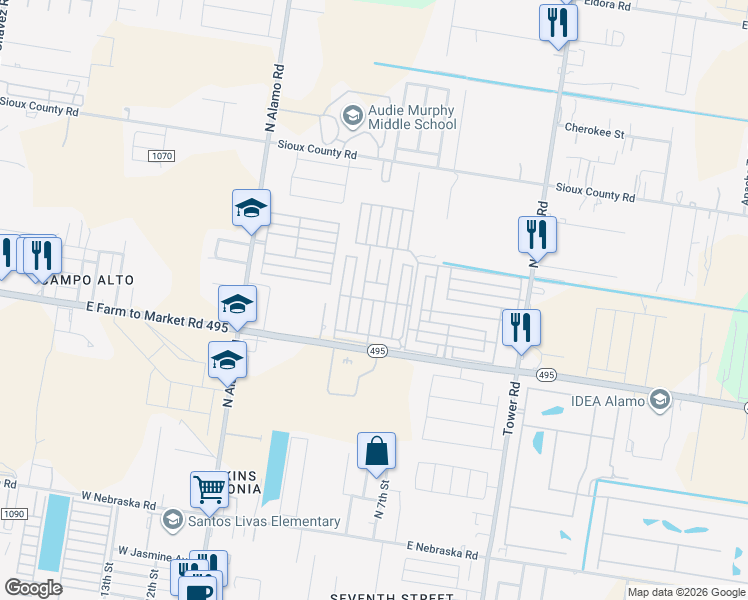 map of restaurants, bars, coffee shops, grocery stores, and more near 347-356 Titlest Drive in Alamo