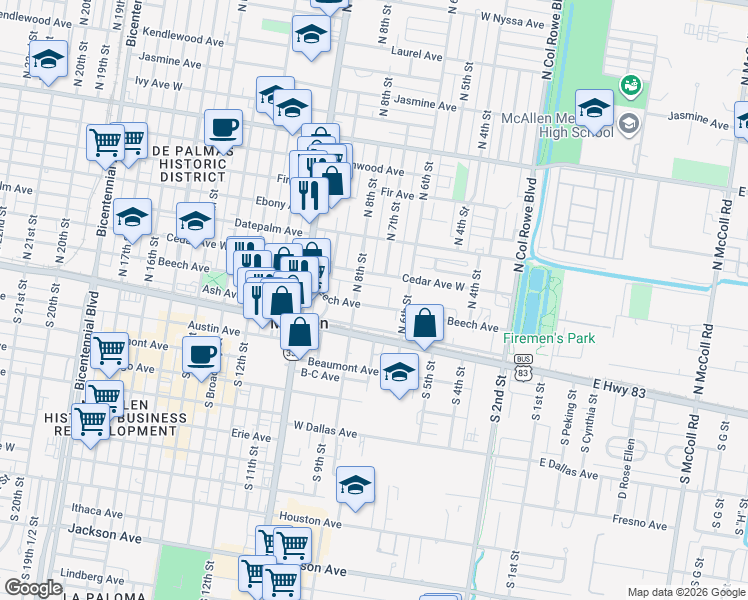 map of restaurants, bars, coffee shops, grocery stores, and more near 210 North 8th Street in McAllen