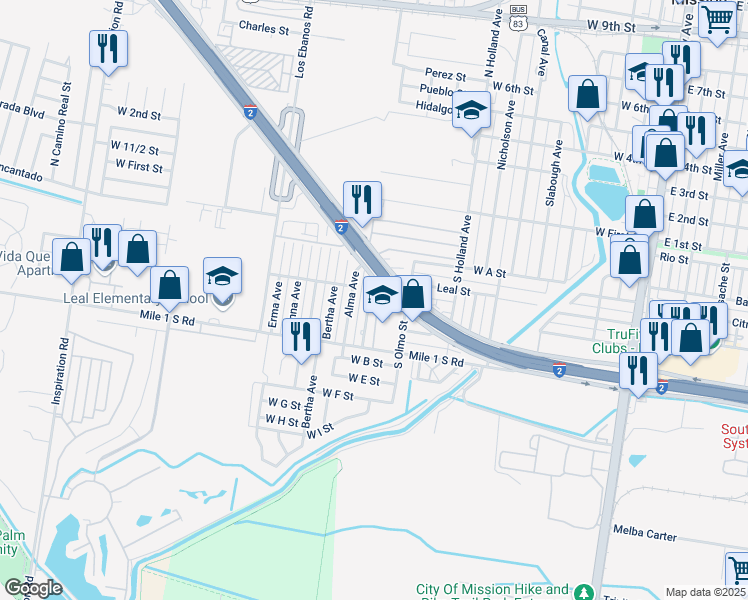 map of restaurants, bars, coffee shops, grocery stores, and more near 910 West Expressway 83 in Mission
