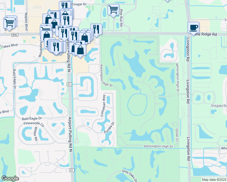 map of restaurants, bars, coffee shops, grocery stores, and more near 5110 Kensington High Street in Naples