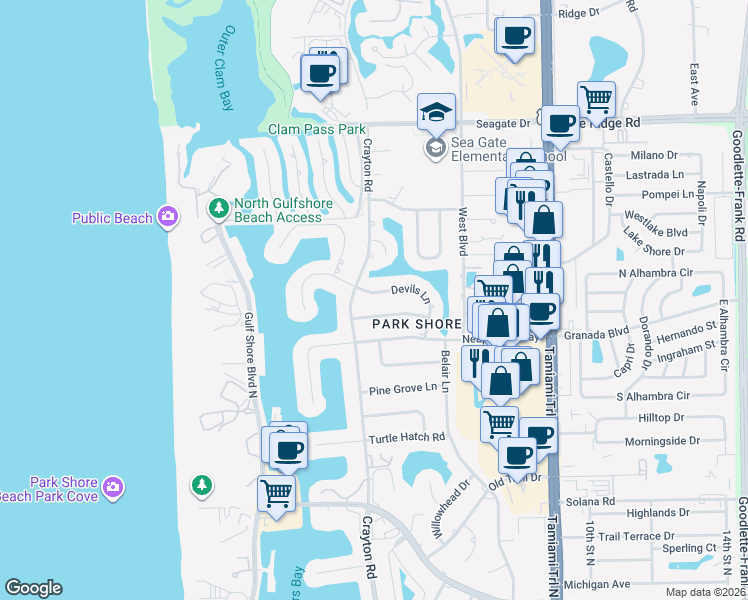map of restaurants, bars, coffee shops, grocery stores, and more near 437 Devils Lane in Naples