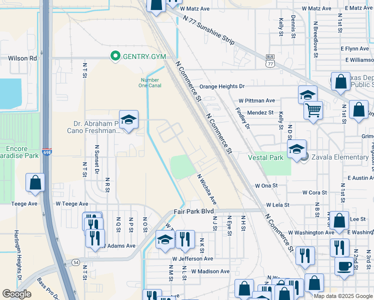 map of restaurants, bars, coffee shops, grocery stores, and more near 1402 N Anadal St in Harlingen