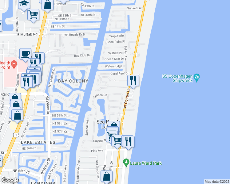 map of restaurants, bars, coffee shops, grocery stores, and more near 7 Tahoe Lane in Sea Ranch Lakes