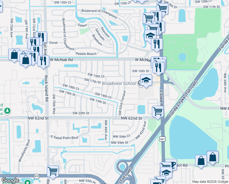 map of restaurants, bars, coffee shops, grocery stores, and more near 1721 Southwest 64th Terrace in North Lauderdale